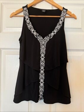 WHBM Sleeveless Black Tiered Tank with White Embroidered Trim
